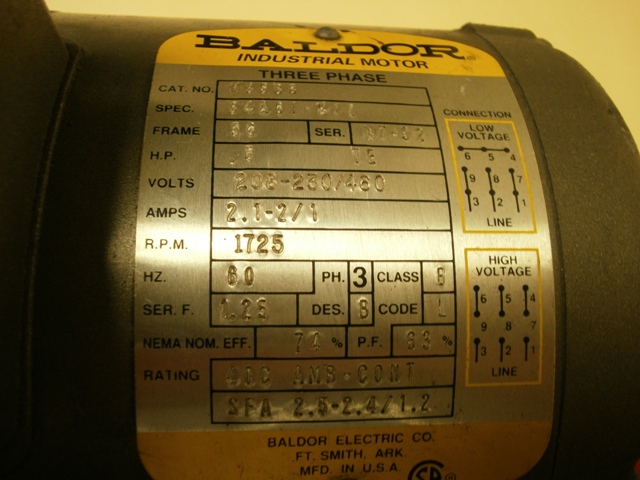 BALDOR Industrial Motor .5HP 208/230/460V 3PH 1725RPM