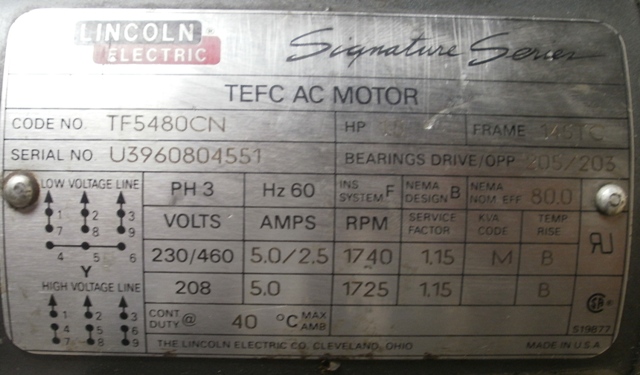 LINCOLN TEFC AC Motor HP:1.5 V:230-460 RPM:1740 Frame:145TC